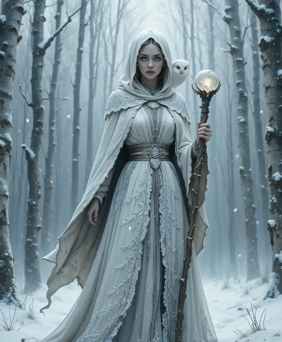 Ancient sorceress in a blizzard swept snowy birch forest