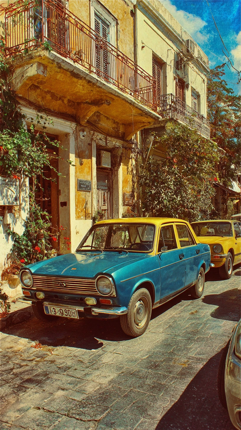 Vintage matchbox style cars with 1980s retro aesthetics