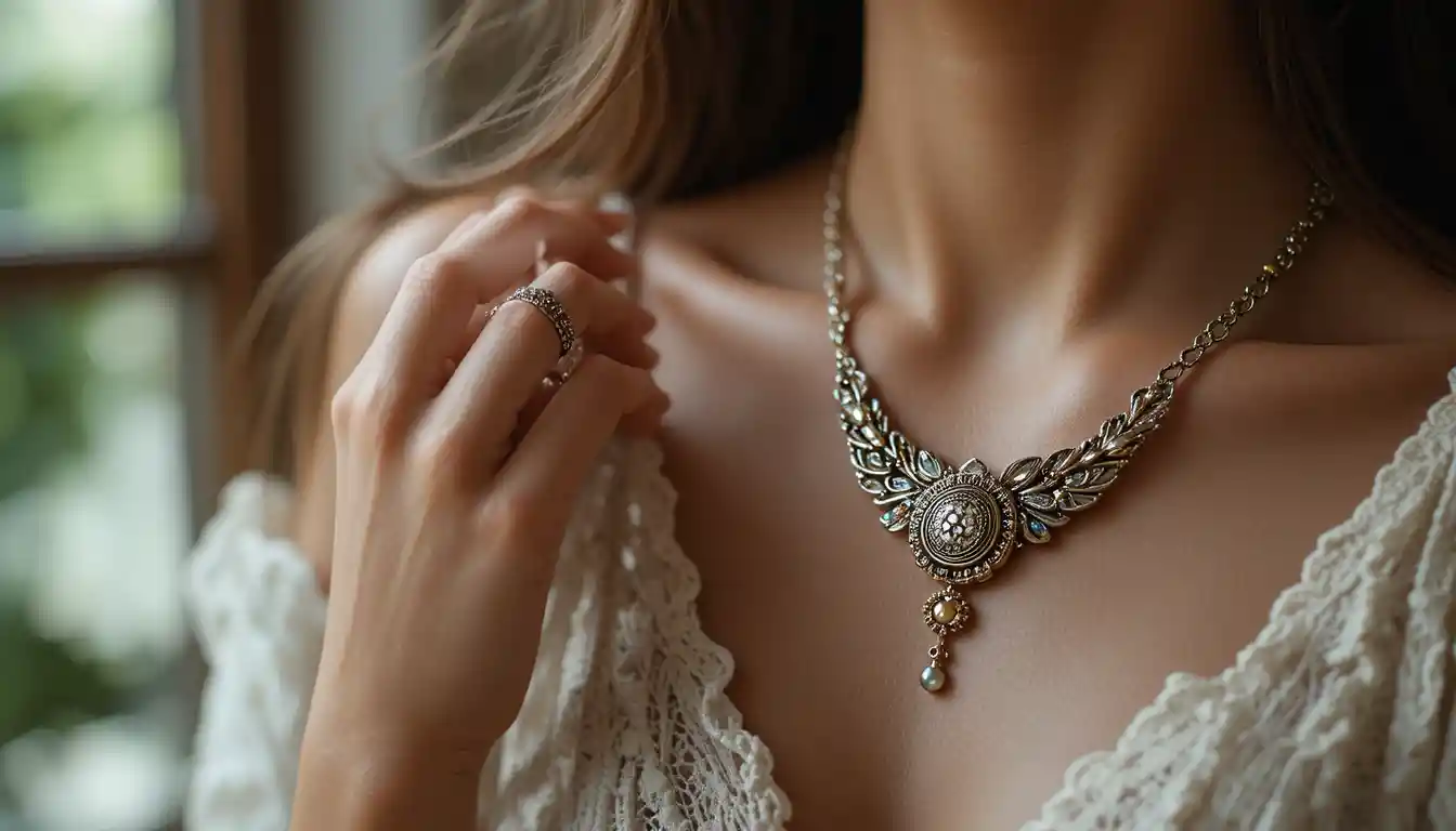 Close up of handcrafted jewelry worn in soft natural light