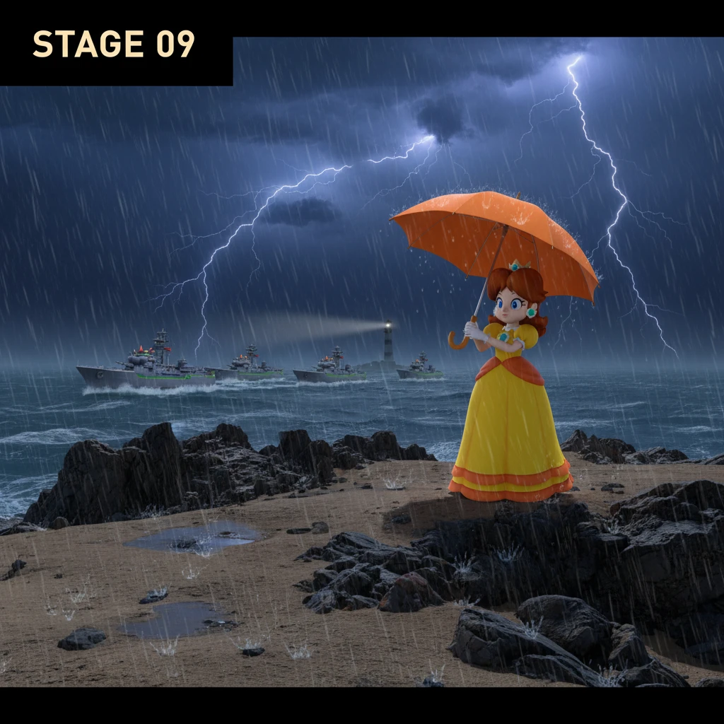 Princess with parasol standing by a stormy seaside lighthouse