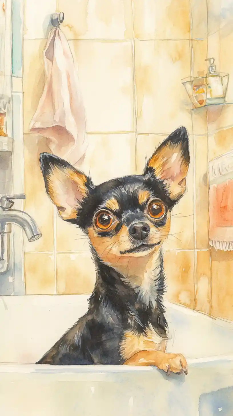 Watercolor dog refusing a bath in cozy bathroom