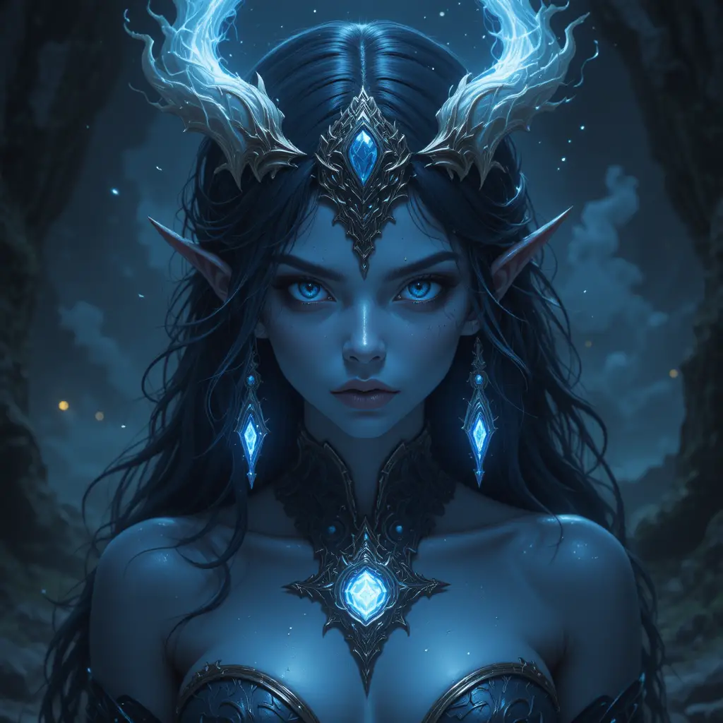 Blue skinned night goddess with silver eyes in fantasy realm