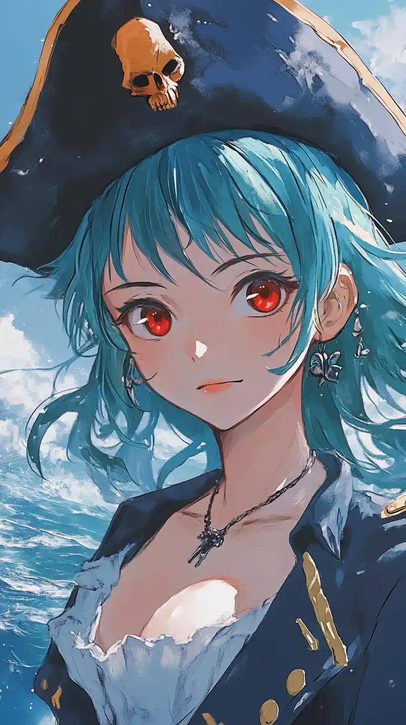 Confident pirate woman against stormy sea and clear sky