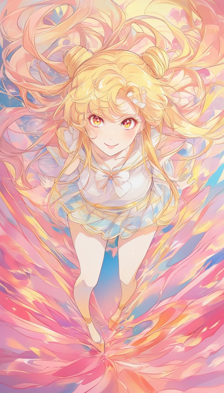 Fille d’anime sous un ciel de lever de soleil en style commercial moderne