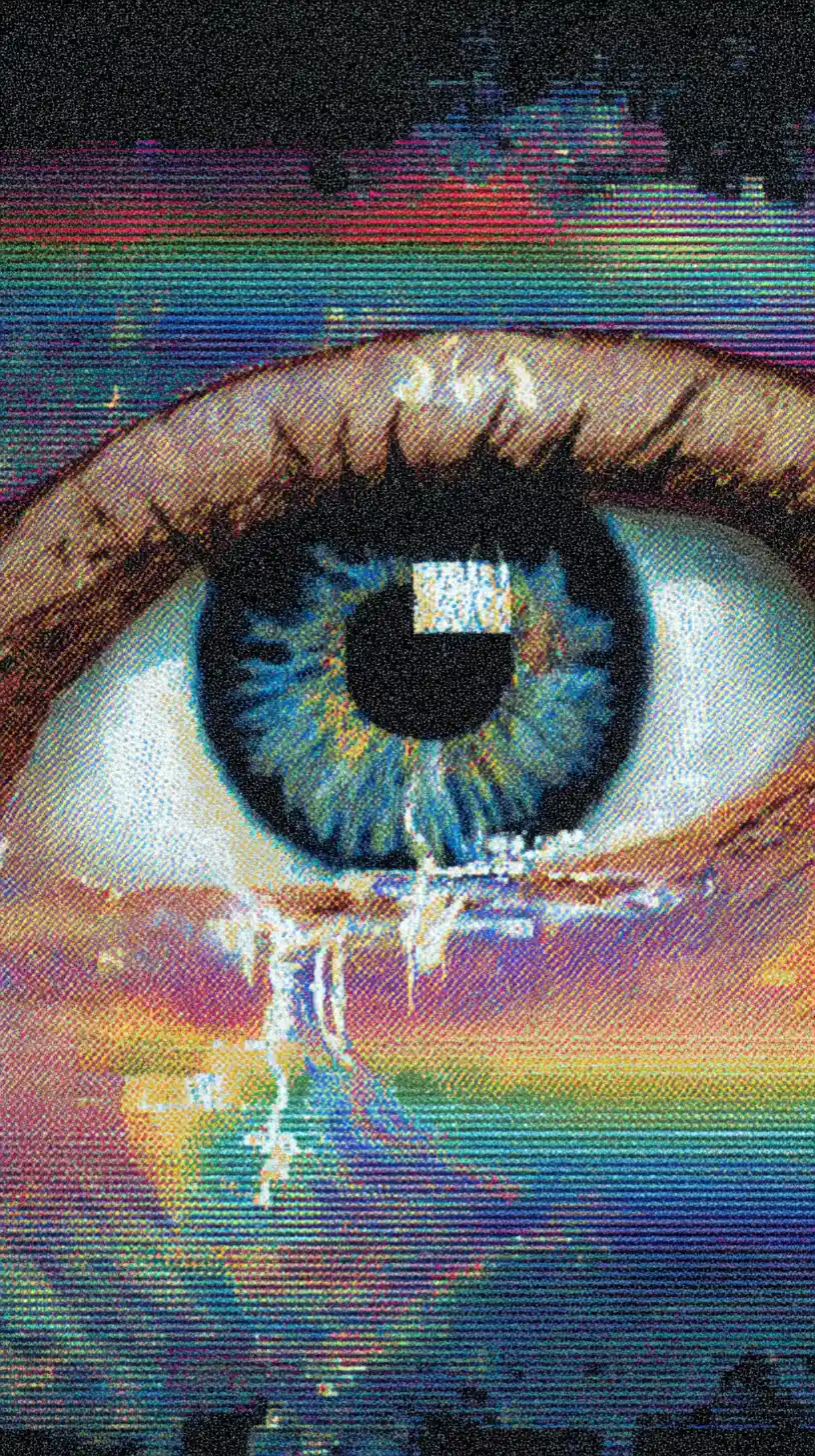 Glitchcore vaporwave illusion with minimalist geometric shapes