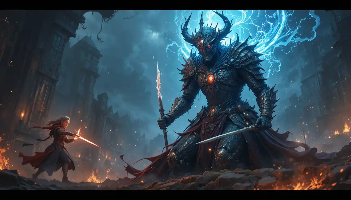 Samurai warrior confronts the emperor of the apocalypse in hell