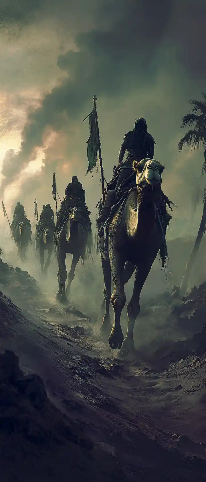 Camel caravan crossing a cursed desert at fading light