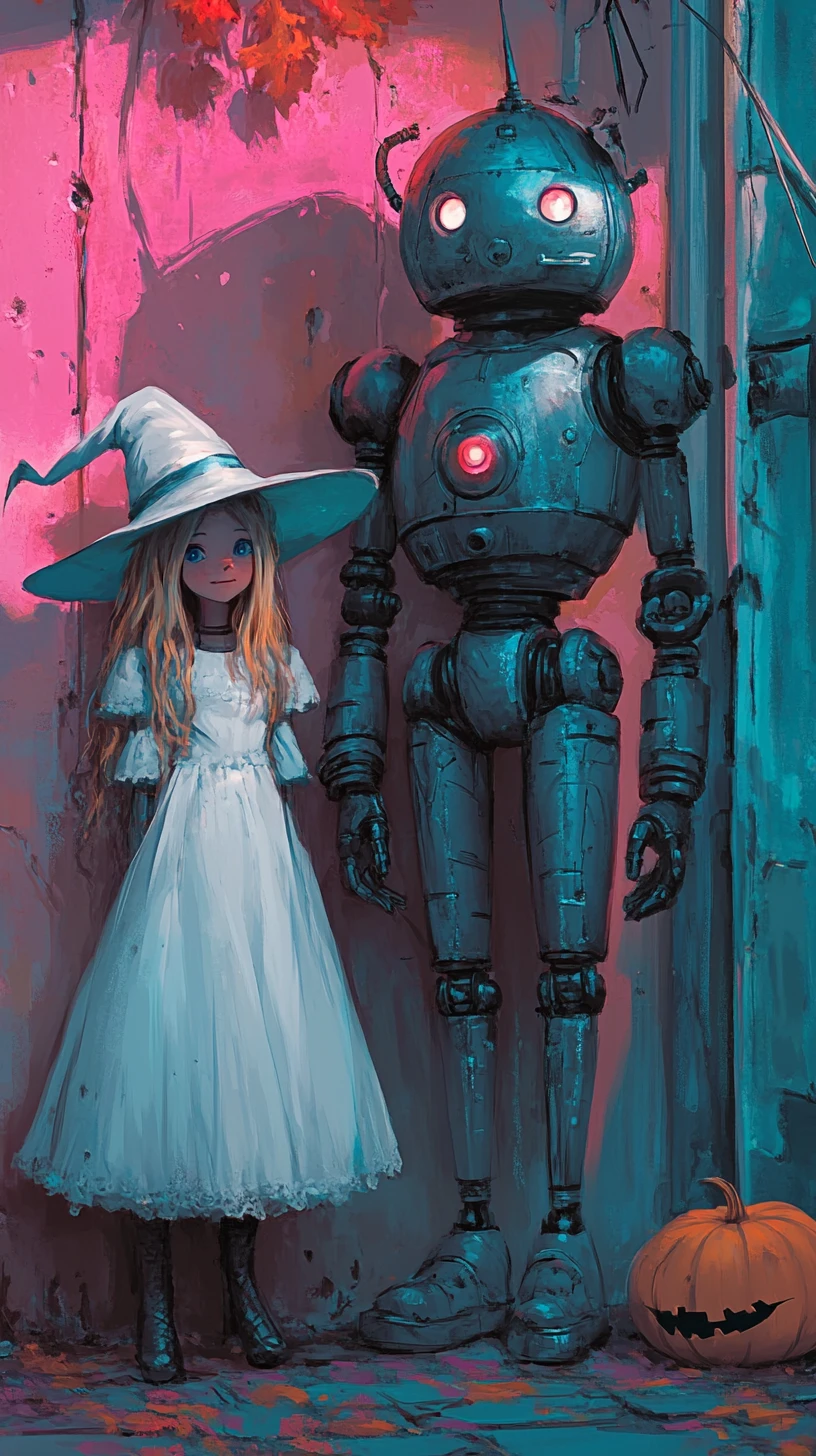 Retro cartoon witch girl with robot and smiling ion