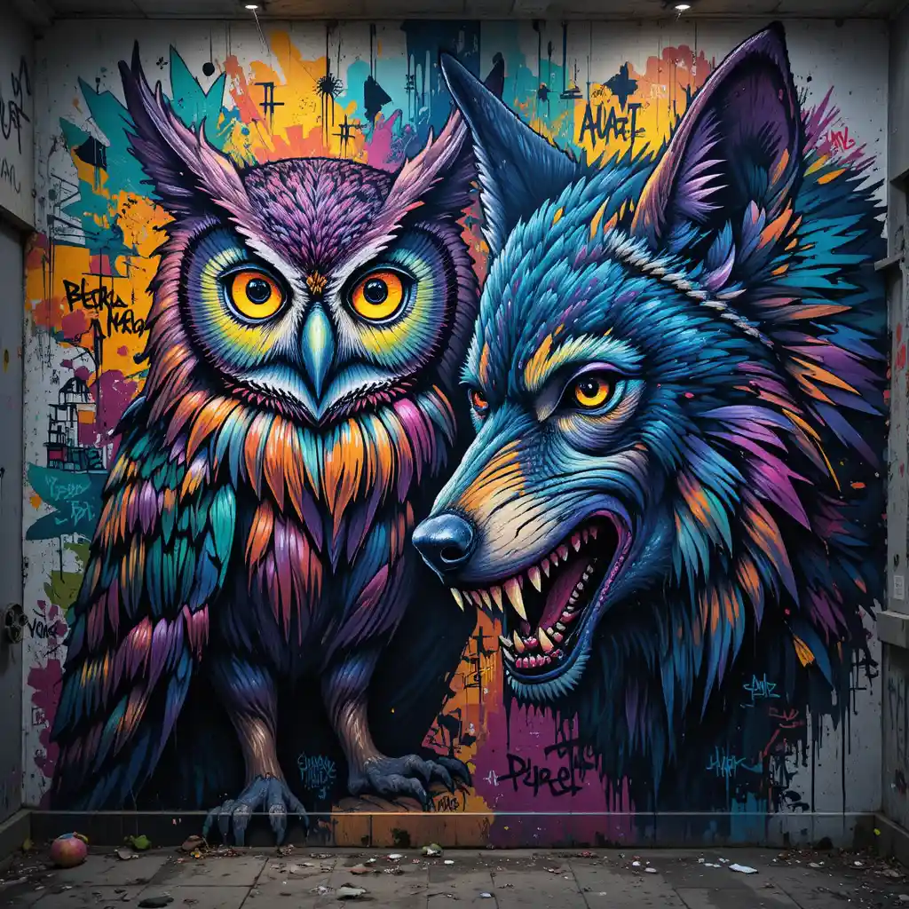 Expressionist mural of owl and wolf on concrete wall