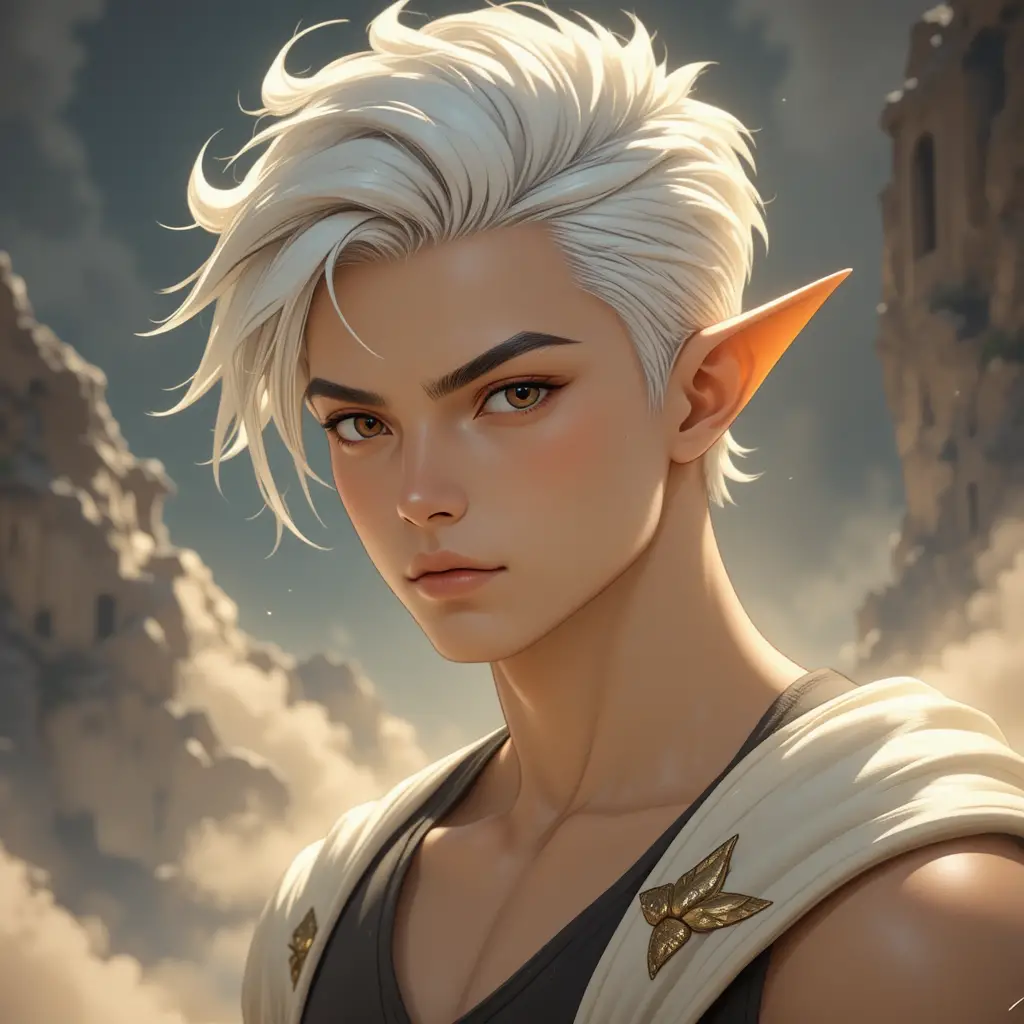 Young celestial man with dark eyes and white hair