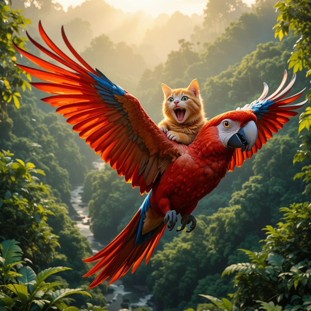Gato montando una guacamaya escarlata sobre una selva tropical resplandeciente