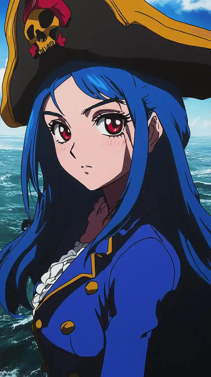 Femme pirate d’anime en gros plan près de la mer orageuse