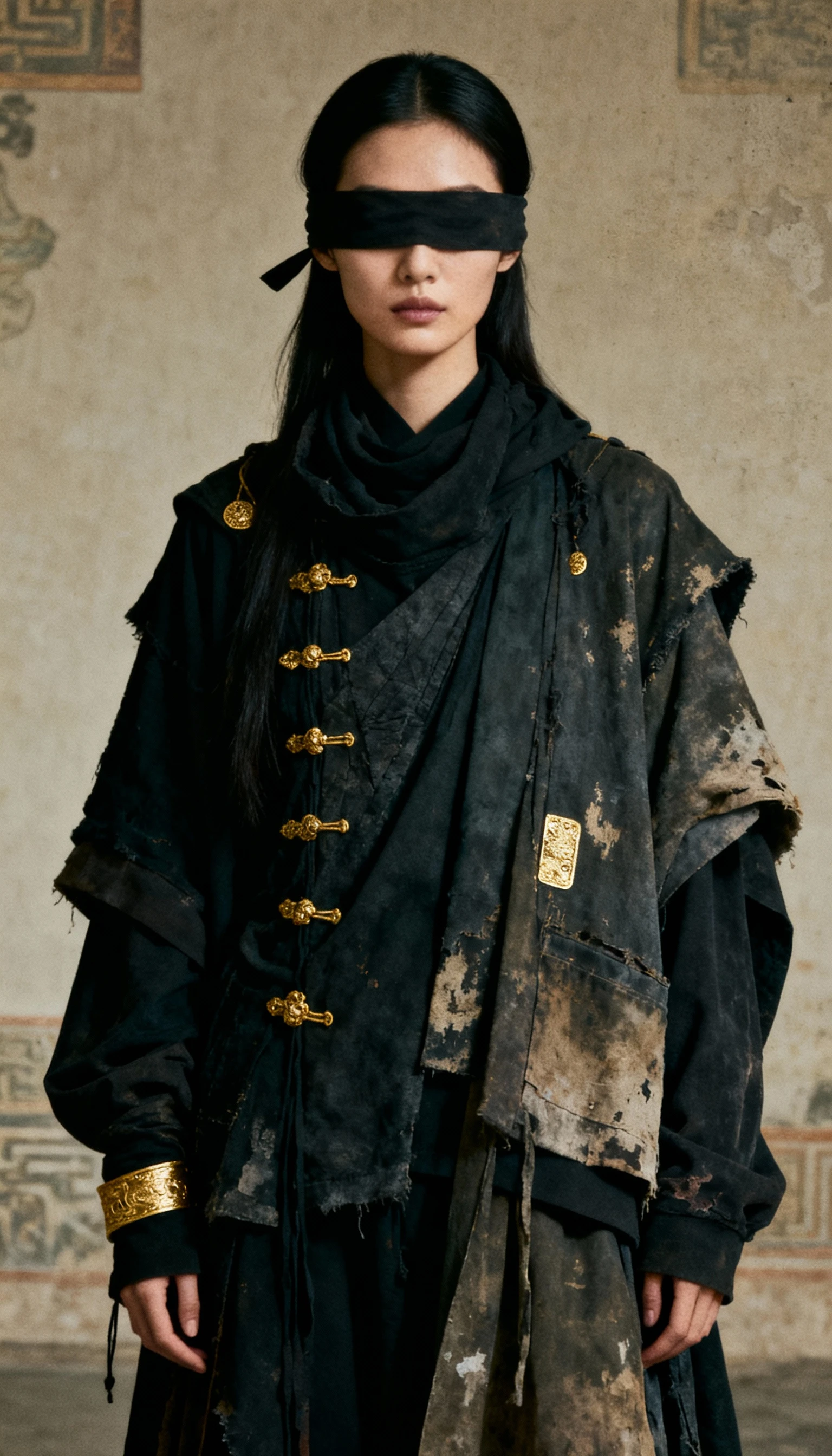 Retrato de moda oscura vanguardista de una mujer con capas
