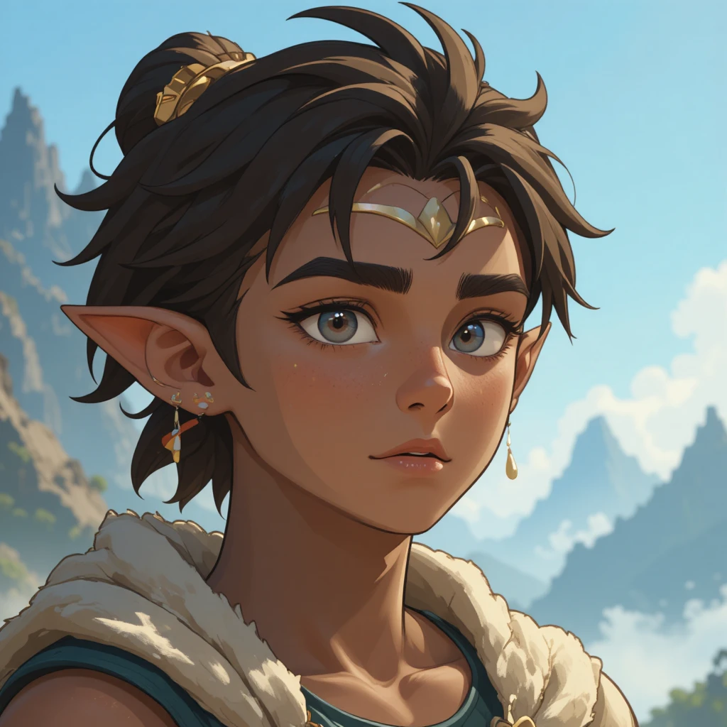 Young mountain god inspired character with dark features