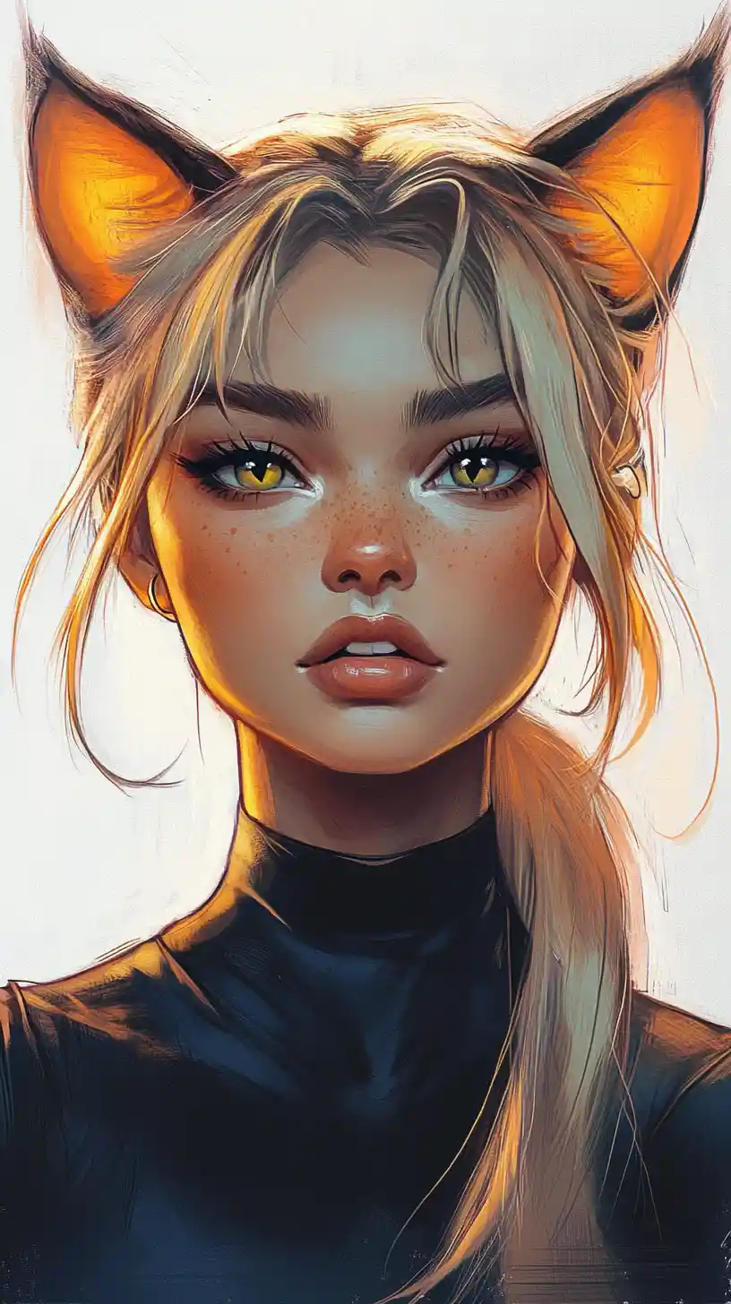 Ritratto di donna con orecchie da gatto in audace stile anime a fumetti