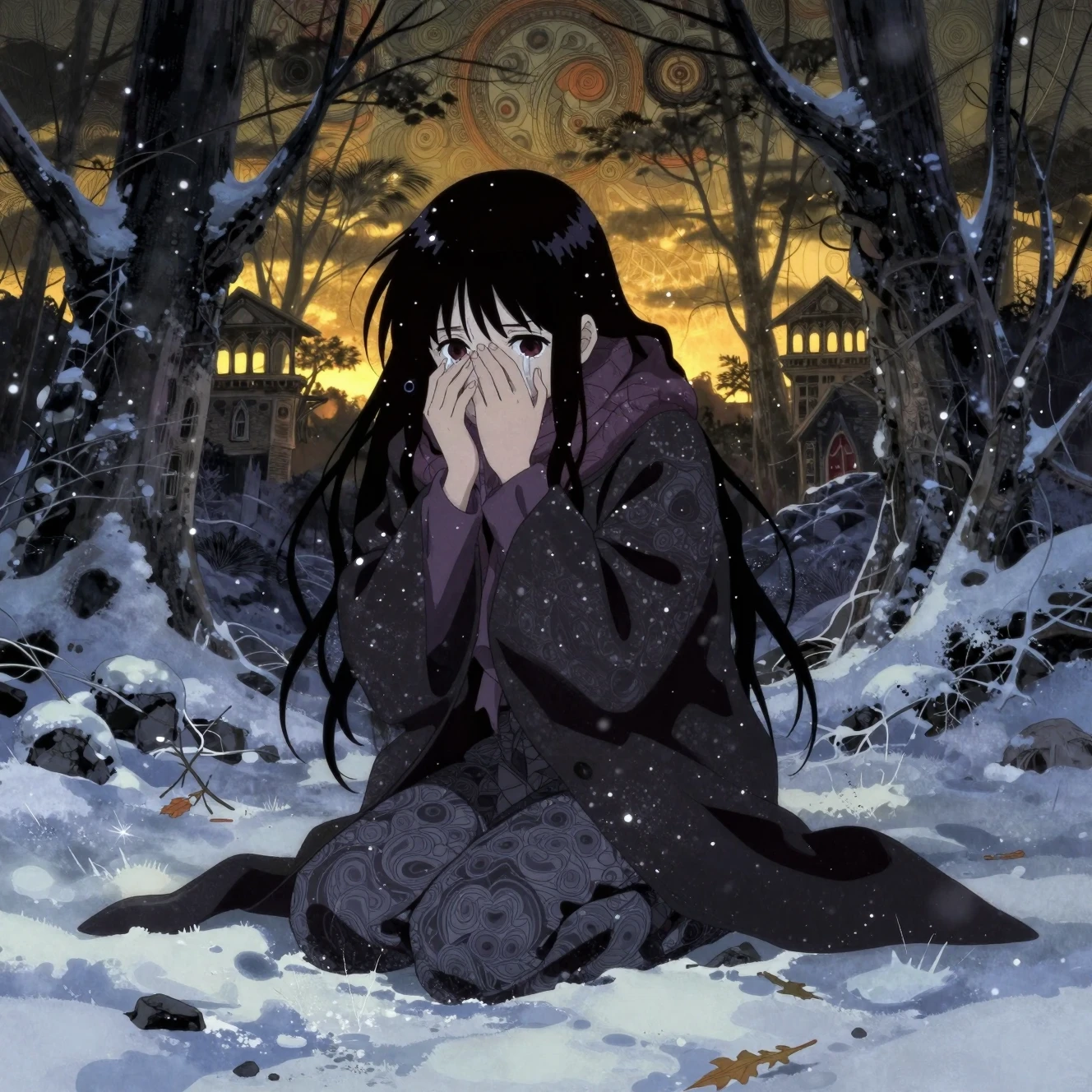 Anime-Mädchen zittert in dunkler verschneiter Horrorlandschaft