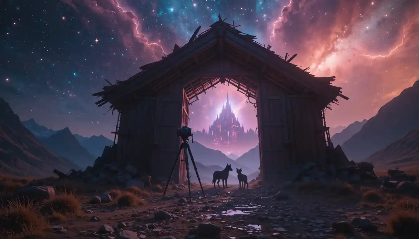 Vintage camera in rustic stable opening to cosmic future city