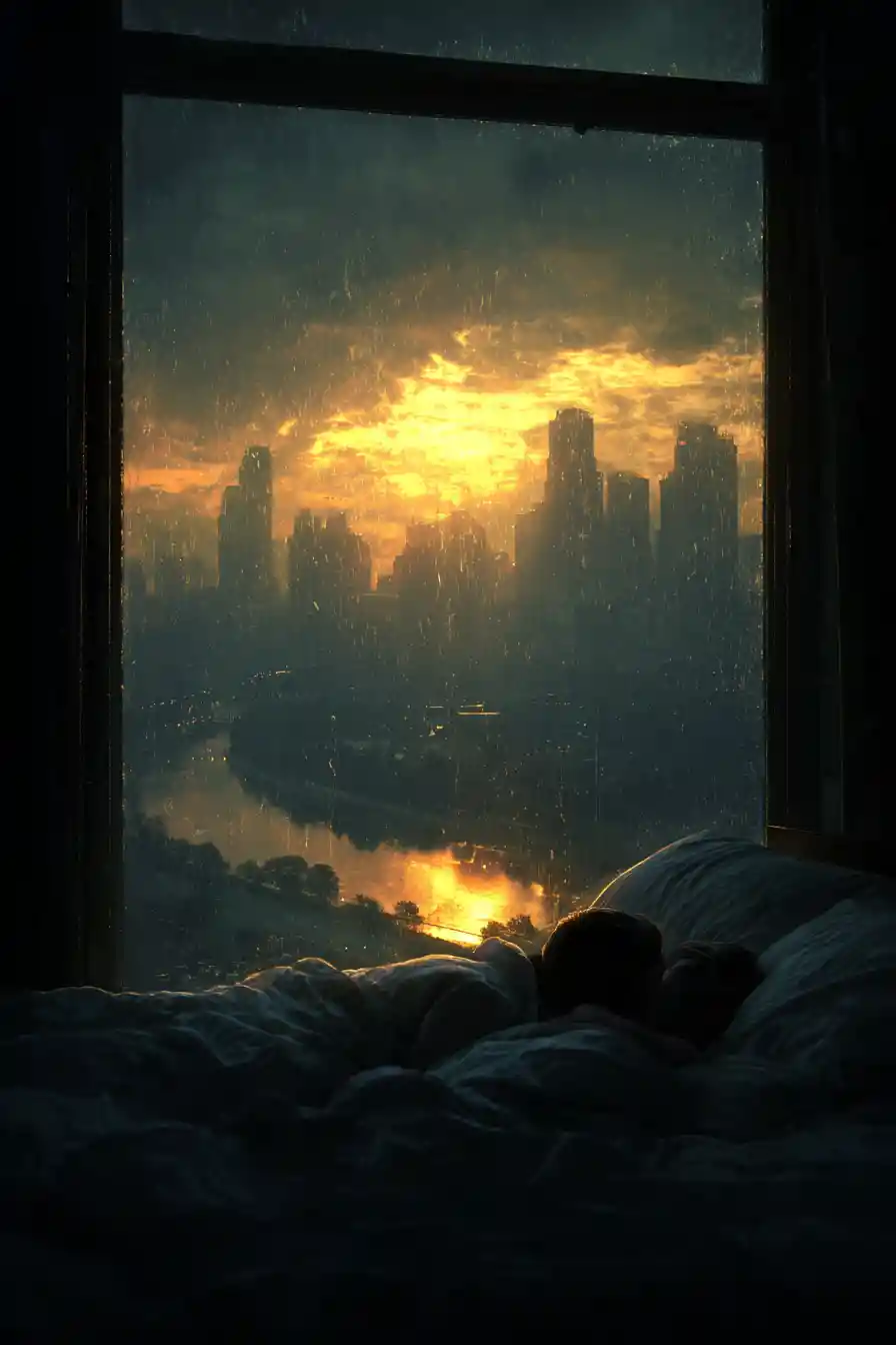 Romantic couple relaxing in bed before a glowing city sunset