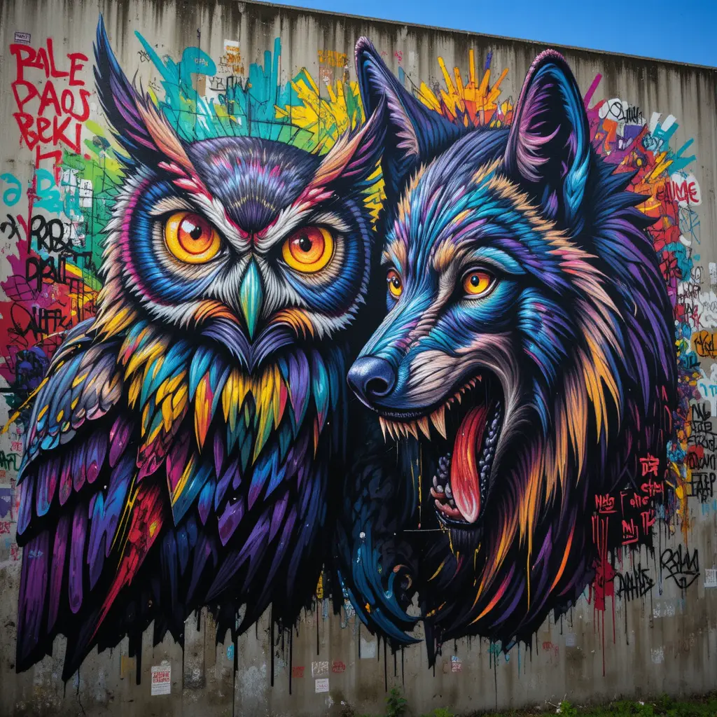 Colorful owl and wolf mural on weathered concrete wall