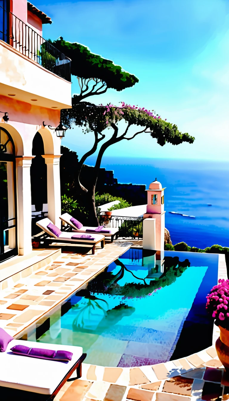 Villa mediterranea sulla scogliera con piscina a sfioro in acquerello