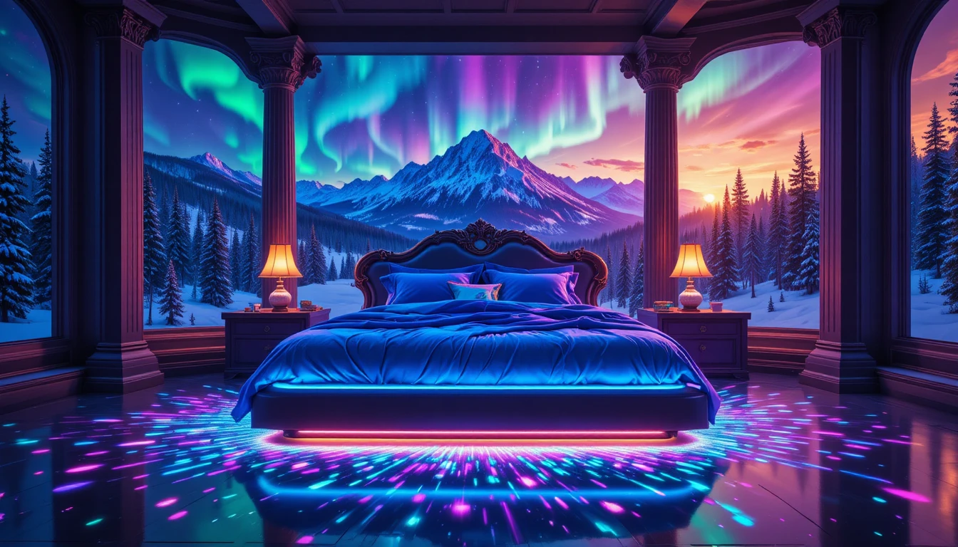 Dormitorio de fantasía con cama de neón brillante y cielo de aurora