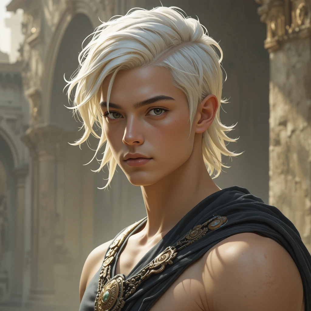 Giovane divinità dagli occhi scuri e dai capelli bianchi in un mondo fantasy