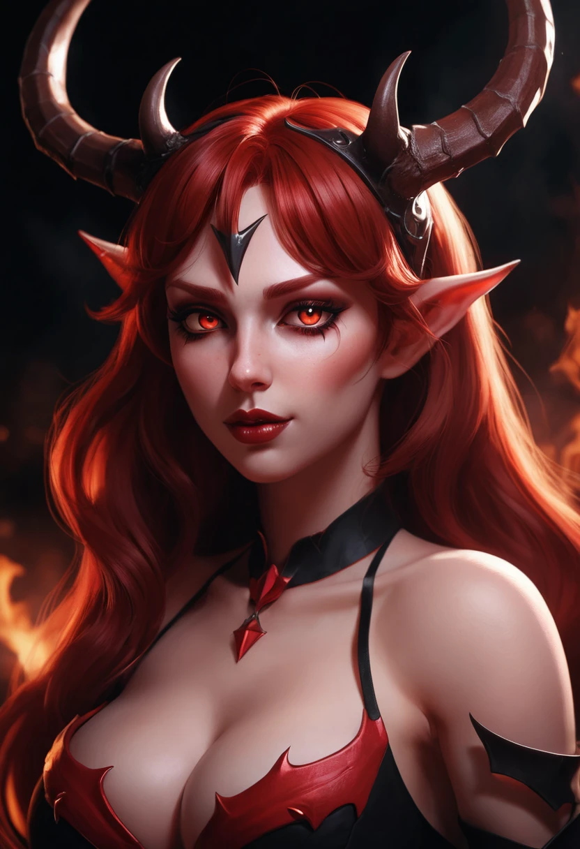 Red haired anime succubus smiling in a dark hellscape