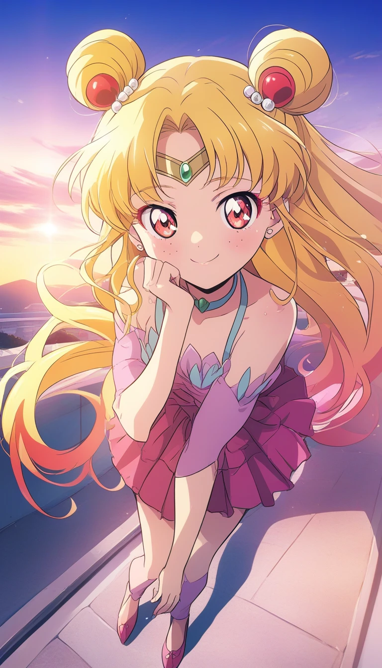 Fille d’anime joyeuse sous un ciel de lever de soleil en plein air