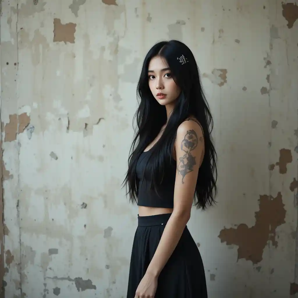 Jeune femme asiatique dans une lumière douce devant un mur vieilli