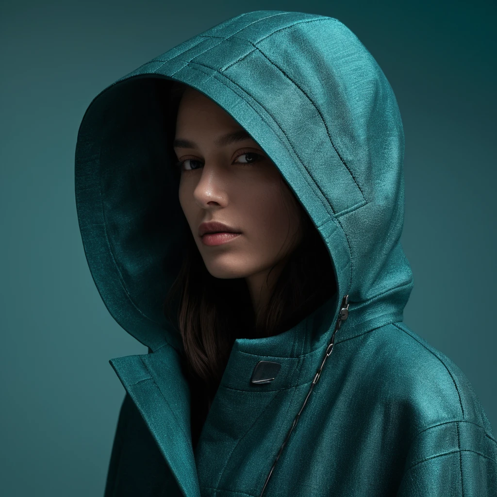 Donna incappucciata con visiera riflettente in un ritratto teal delicato