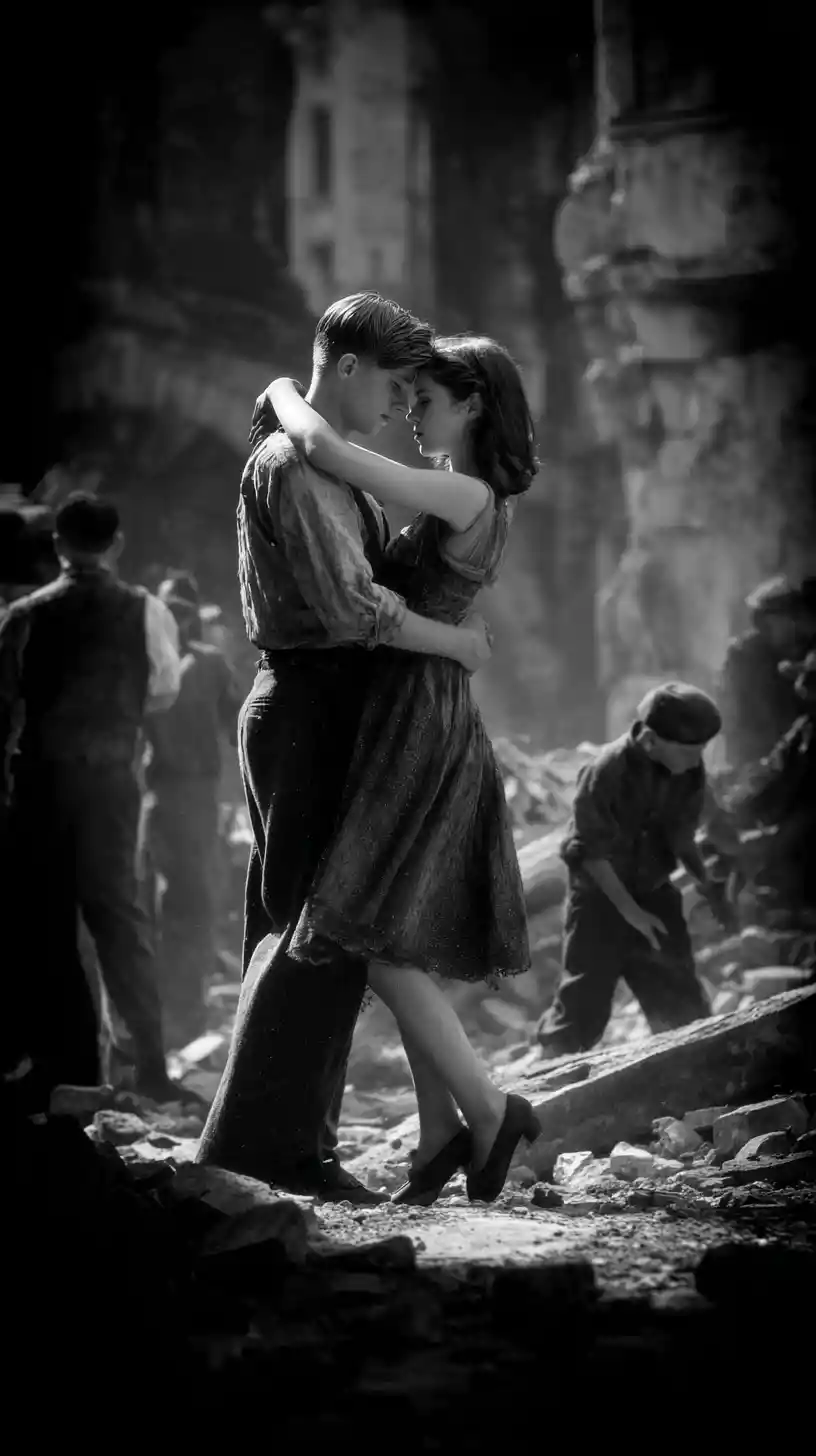 Young couple dancing a tender waltz in war torn ruins