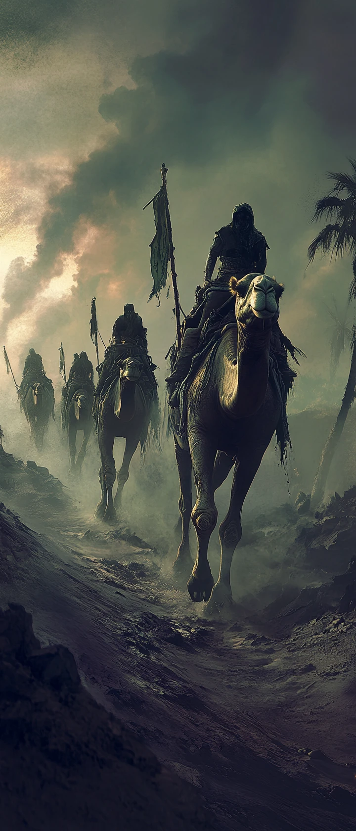 Camel caravan crossing a cursed desert at fading light
