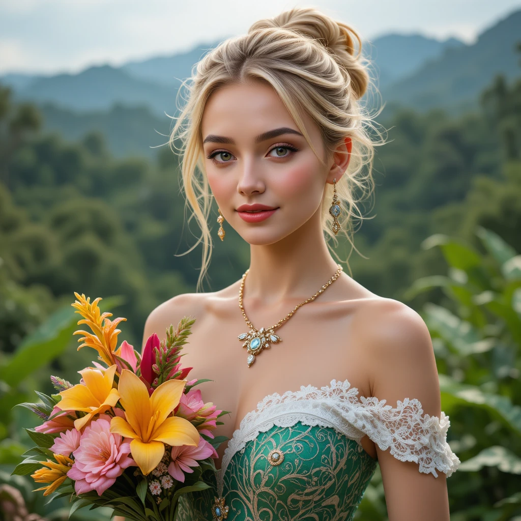 Femme blonde heureuse en robe de dentelle avec bouquet tropical