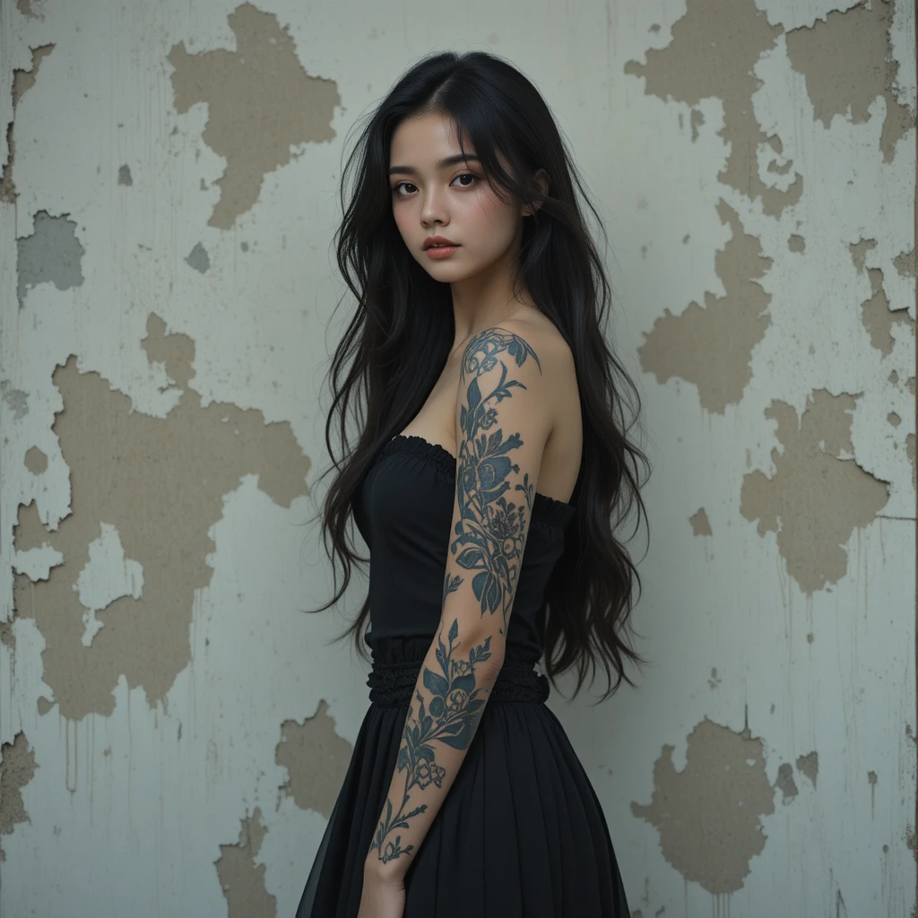 Young Asian woman in soft light by an aged wall