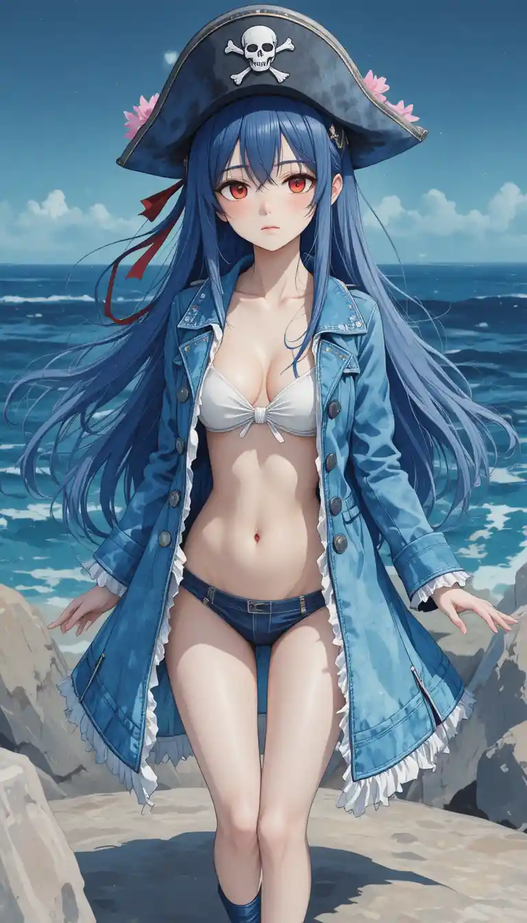 Anime-Piratenmädchen mit blauen Haaren in einer Tiefsee-Szene
