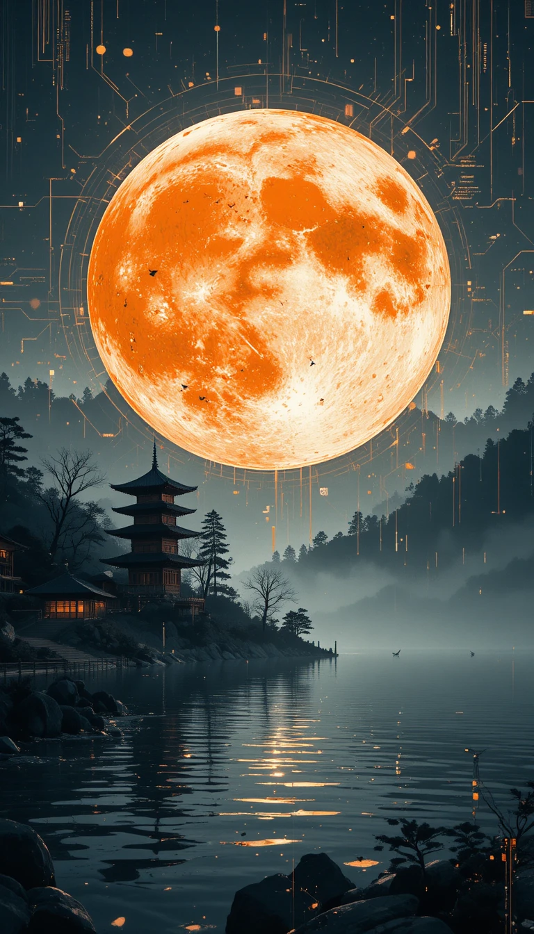 거대한 주황빛 달 아래 호숫가의 일본식 탑 마을
