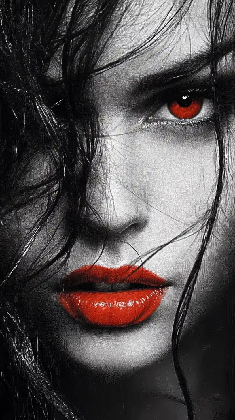 Ink portrait of a woman with red eyes and lips
