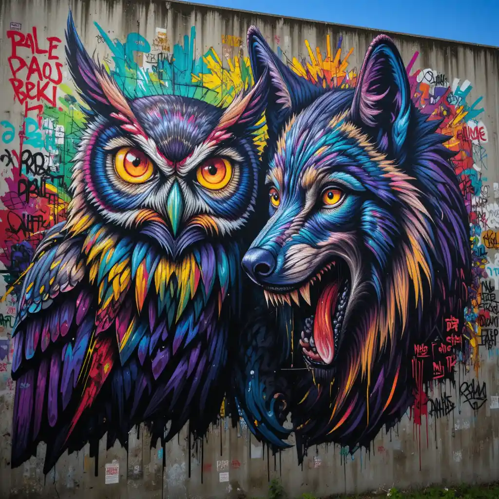 Colorful owl and wolf mural on weathered concrete wall