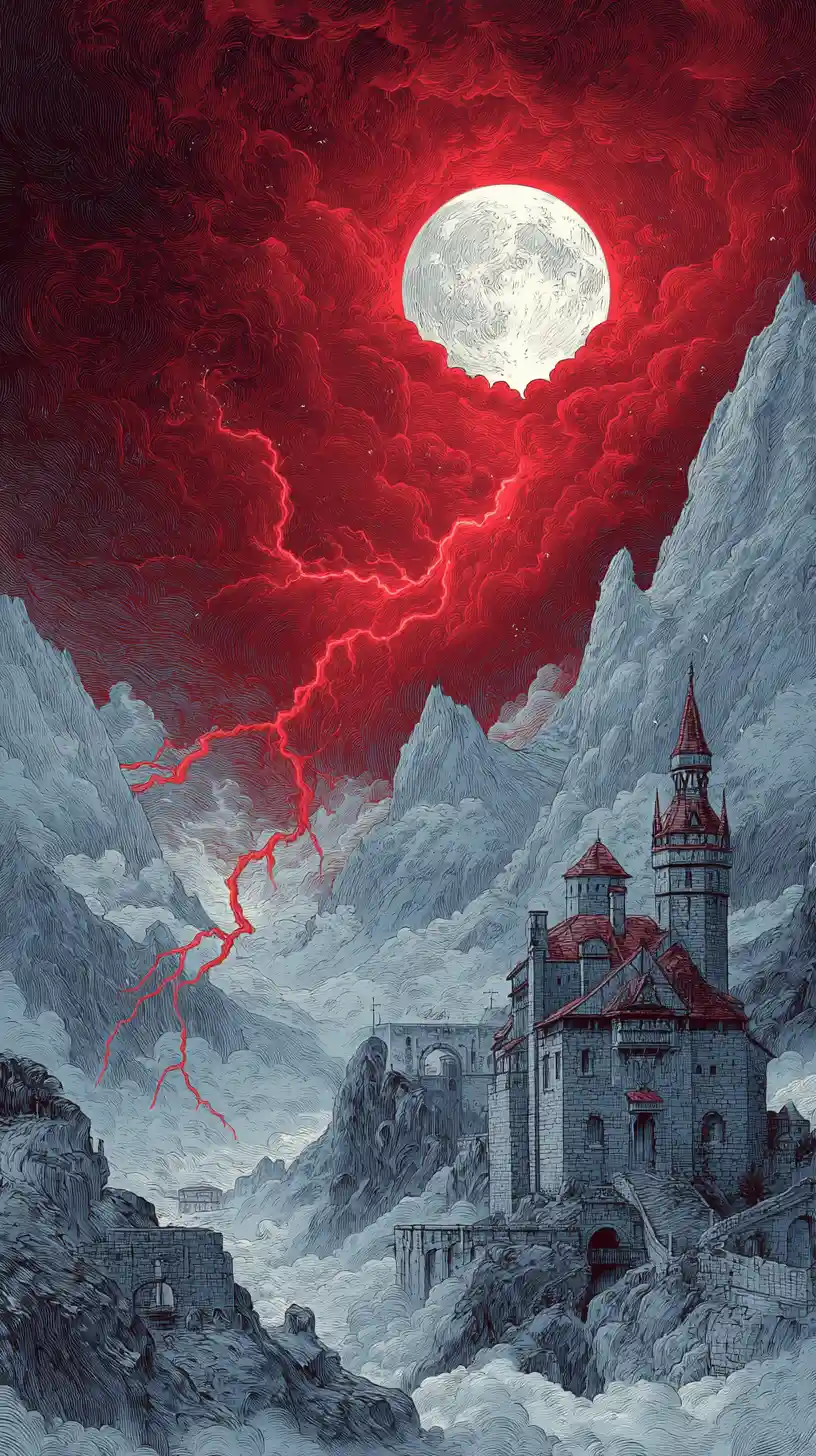 Stormy mountain castle under a glowing full moon