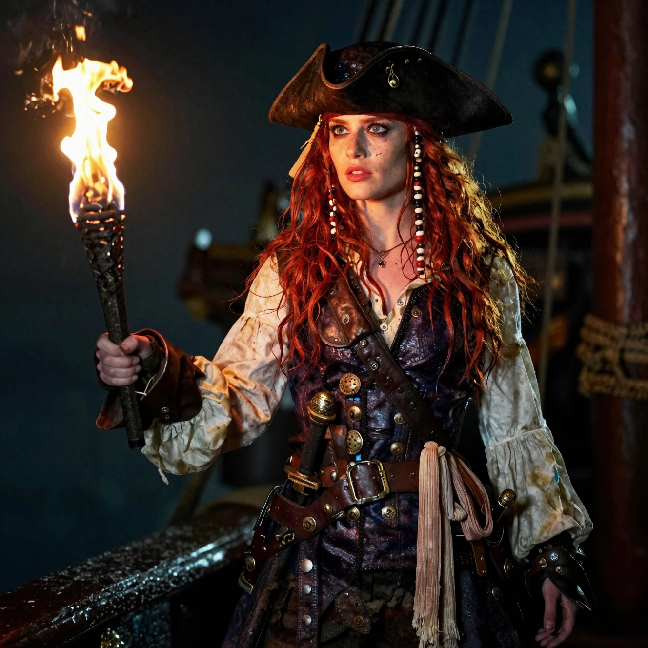 Feroce piratessa dai capelli rossi che regge una torcia nella notte