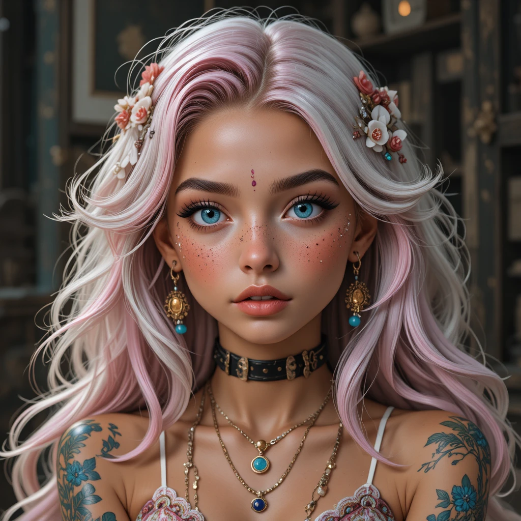 Ver Narben versehene Cottagecore‑Mädchen mit Pastellhaar und Heterochromie