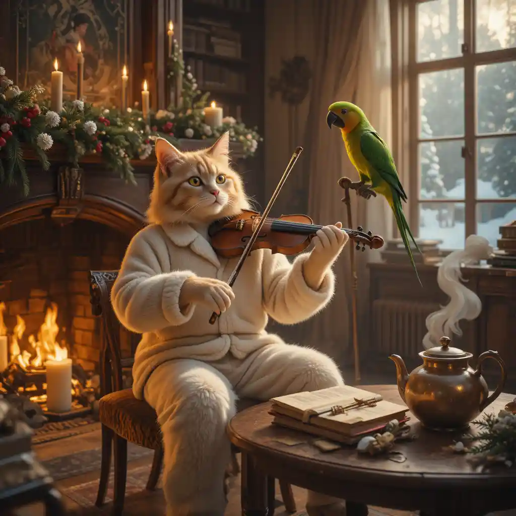 Cat Playing Violin By Fireplace With Conducting Parrot