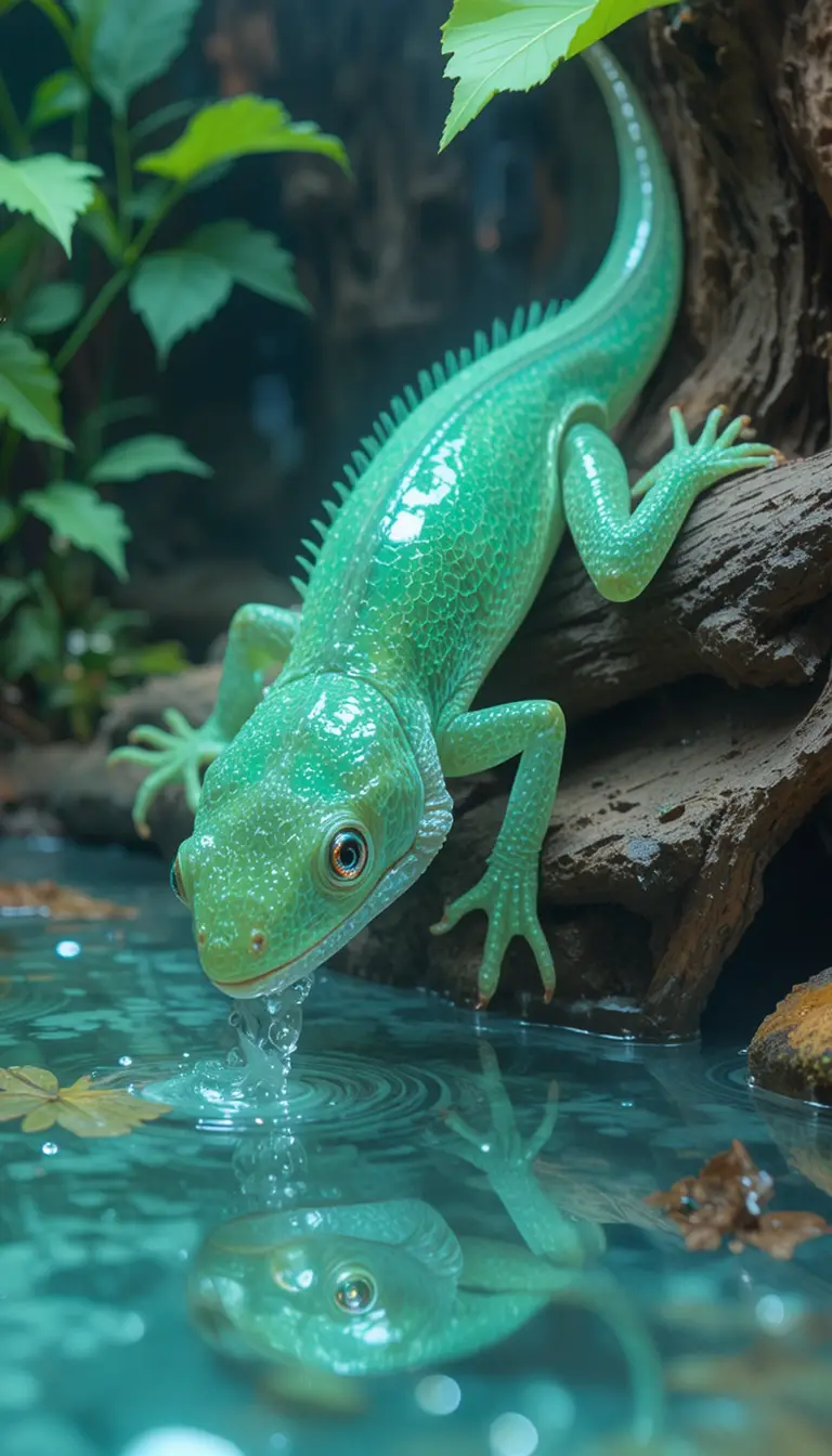Mint green lizard with glowing red eyes in a terrarium