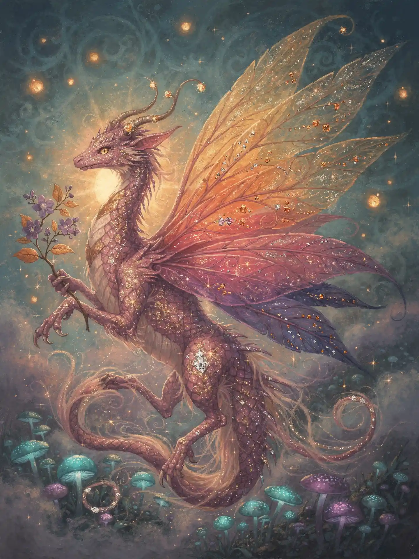 Graceful fairy dragon glowing in warm sunset light