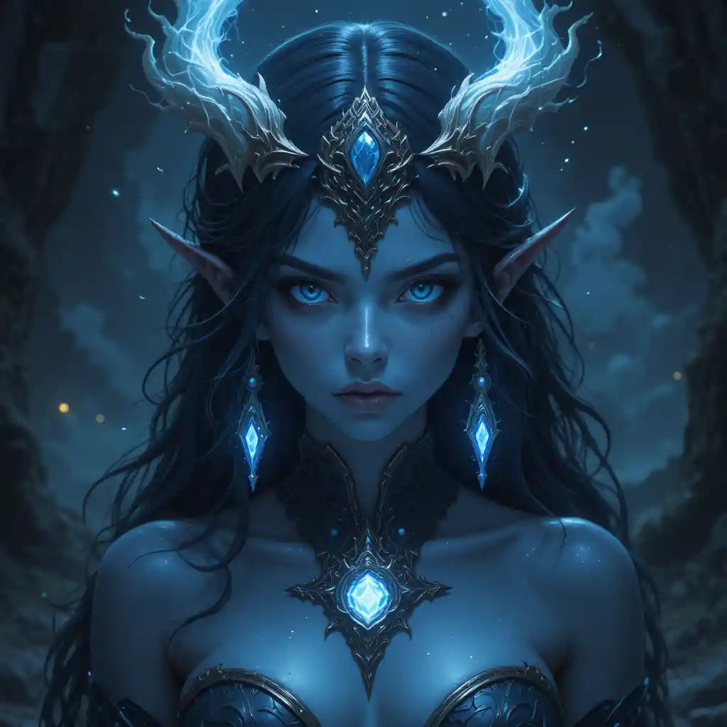 Blue skinned night goddess with silver eyes in fantasy realm