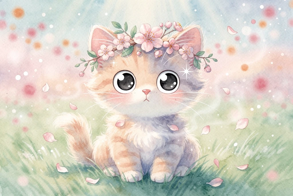 Lindo gatito en acuarela con corona de flores de cerezo
