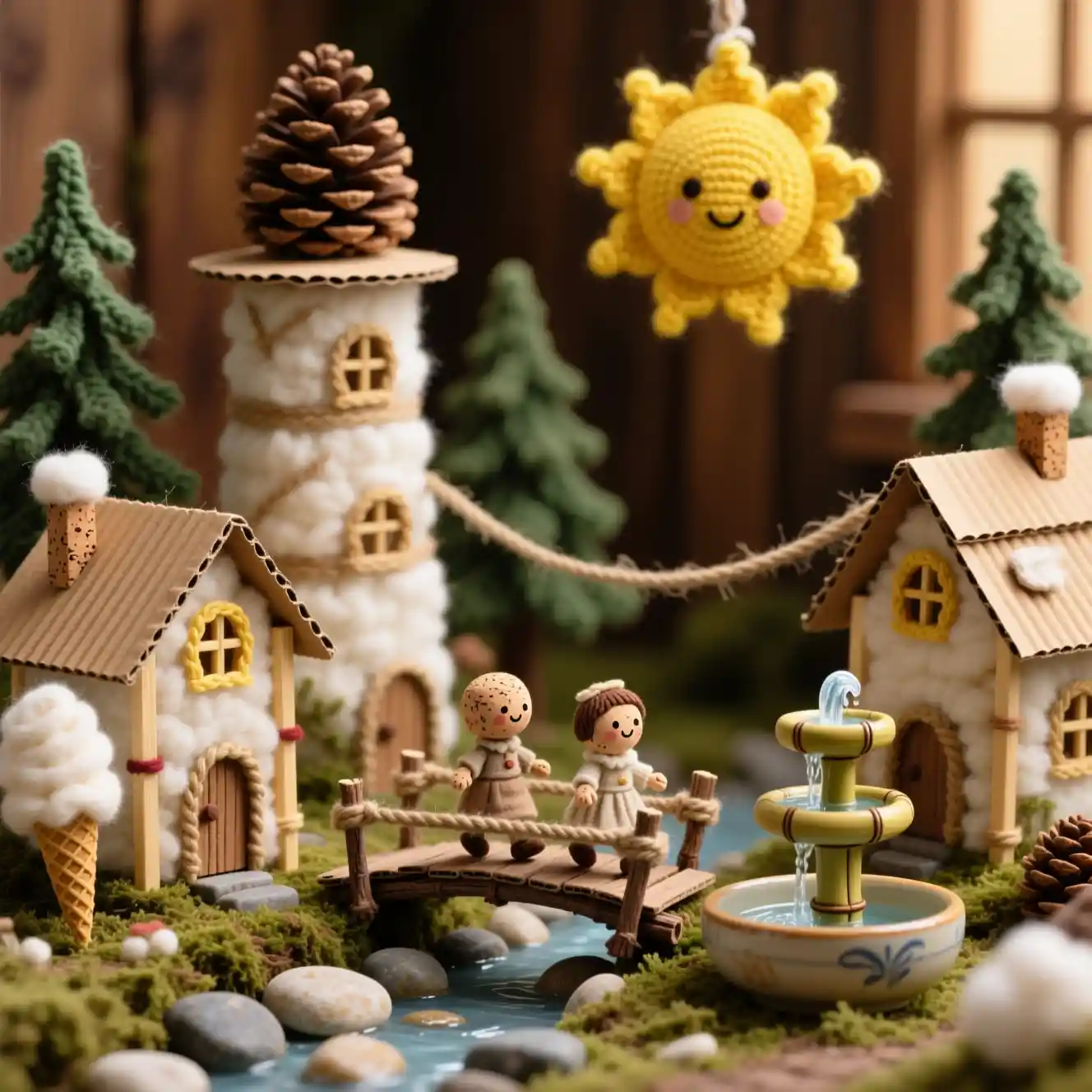Whimsical miniature village made from threads and twigs