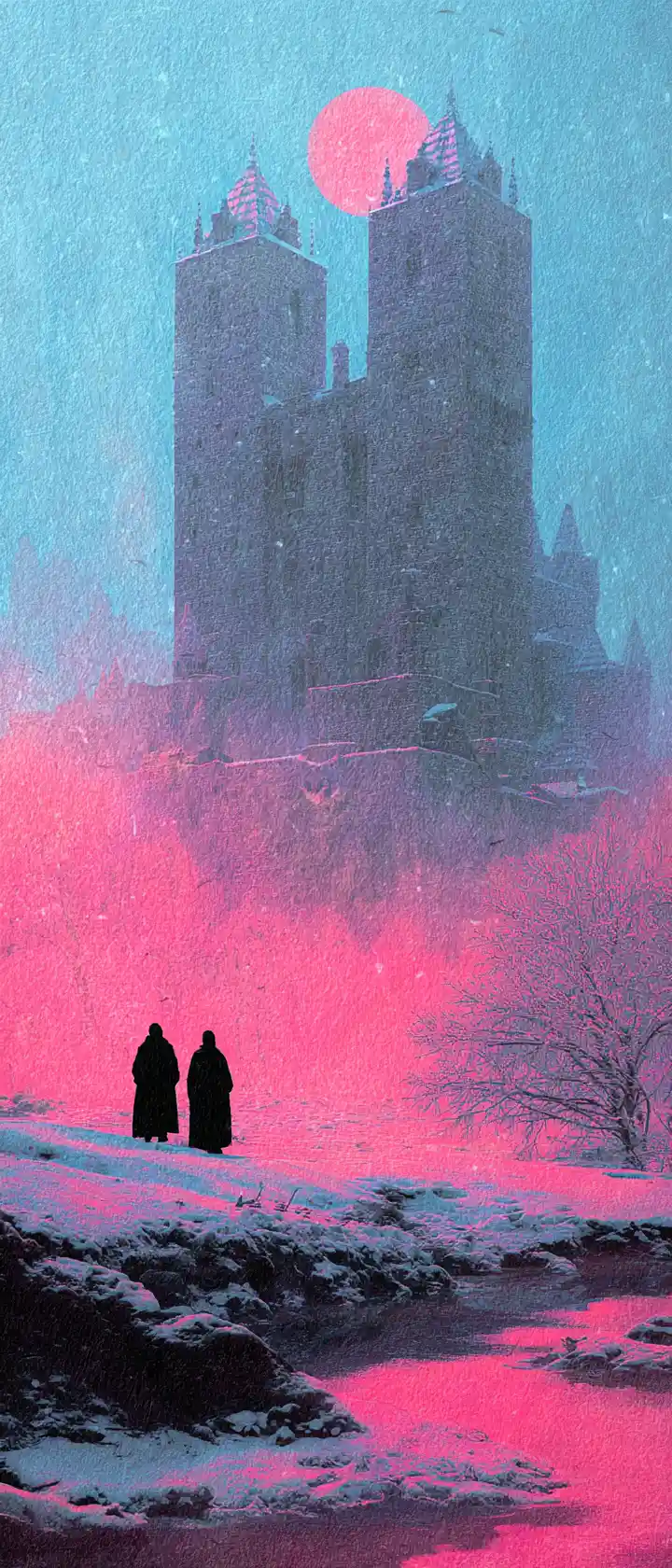 Glitchcore winter fortress with surreal armored ice warriors