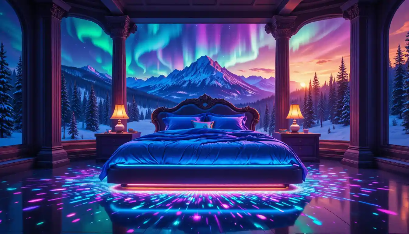 Dormitorio de fantasía con cama de neón brillante y cielo de aurora