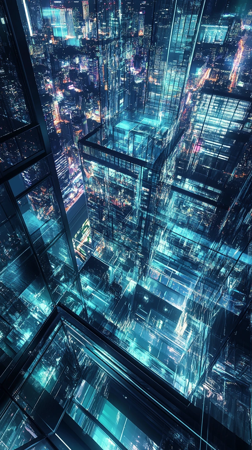 Futuristic glass headquarters glowing above the modern city